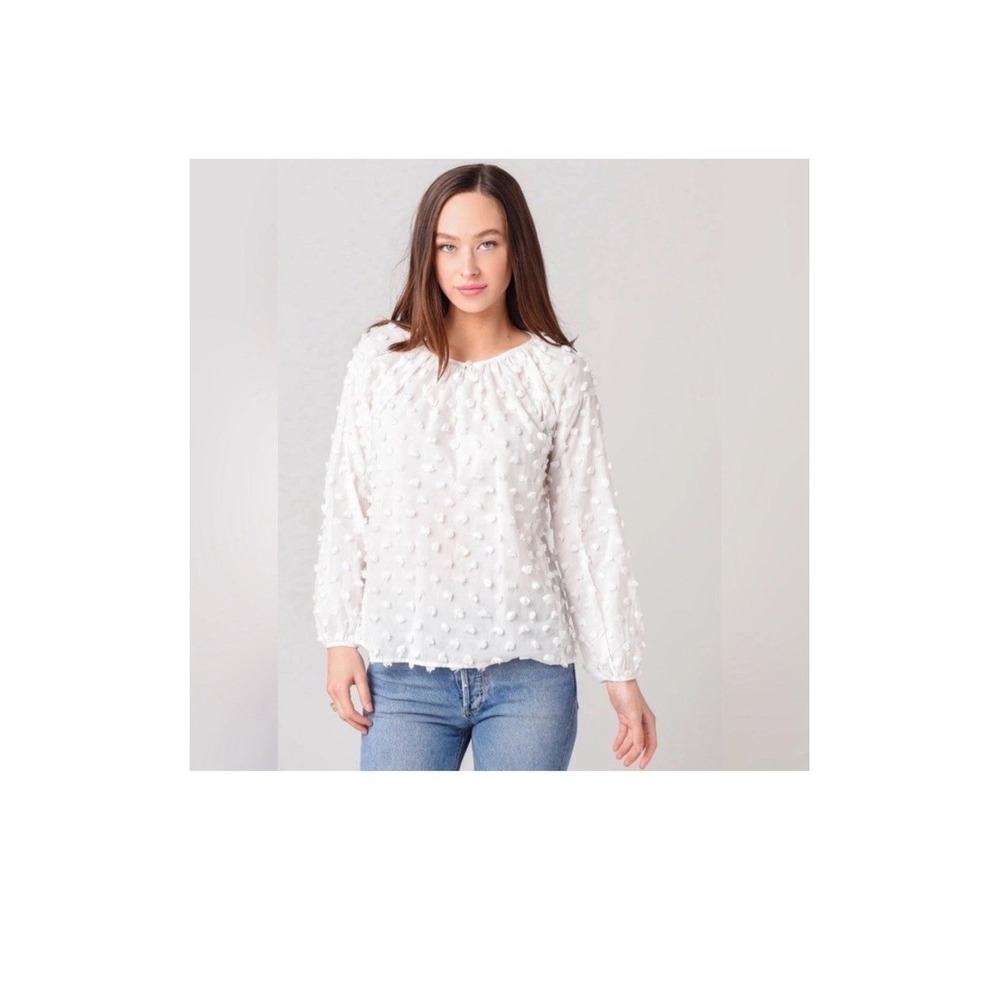 Dylan Bella Peasant Blouse‎ Fuzzy Swiss Dots White Long Sleeve Size Large